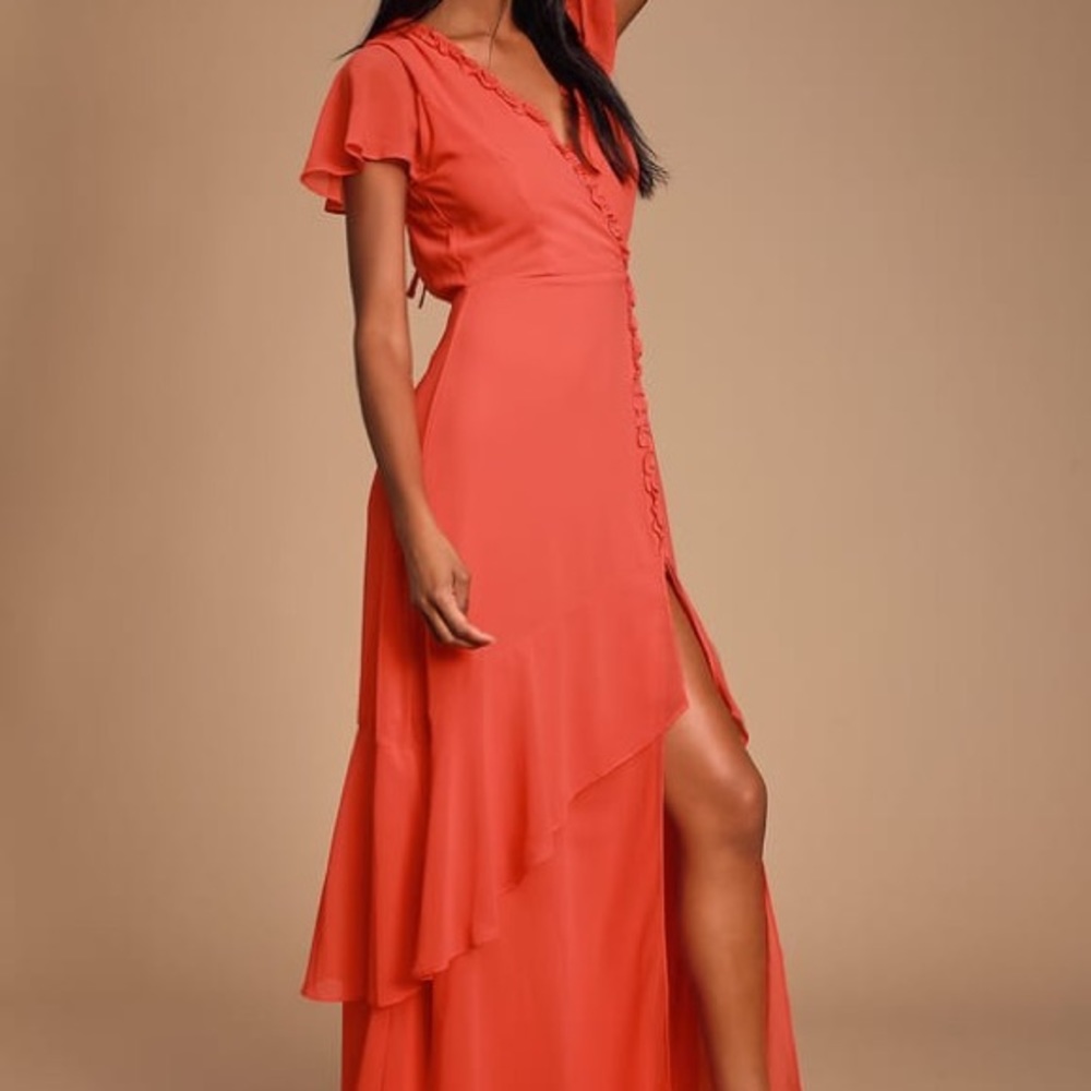 Lulu’s Coral Red Ruffled Backless Maxi Dress